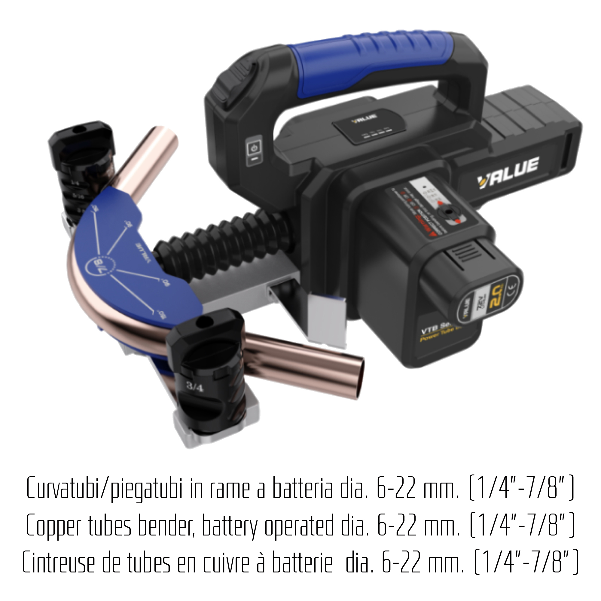 VALUE Piegatubi curvatubi in rame (HVACR) a batteria VTB-22L - per tubi ¼ (6mm), 5/16 (8mm), 3/8 (10mm),  1/2 (12mm), 5/8 (16mm), 3/4 (19mm), 7/8 (22mm)