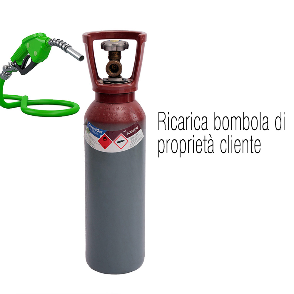 Ricarica acetilene tecnico 5,7 litri - 1 kg per bombola proprietà cliente (bombola piena restituita in circa 15 giorni dalla consegna del vuoto)