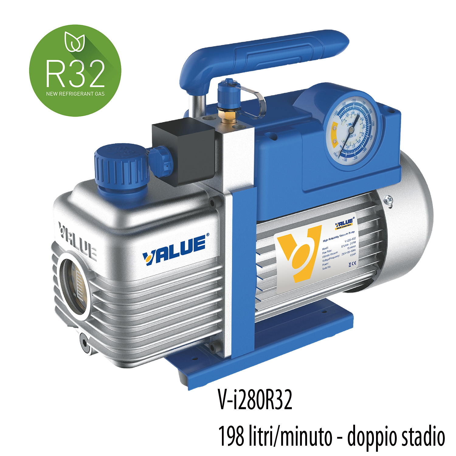 VALUE Pompa vuoto doppio stadio, adatta anche per R32 e A2L, portata 198 litri/minuto, motore 1 HP - grado di vuoto 2 x10(-2) mbar - 0,02 mbar/2 Pa/15 micron - con elettrovalvola e vacuometro