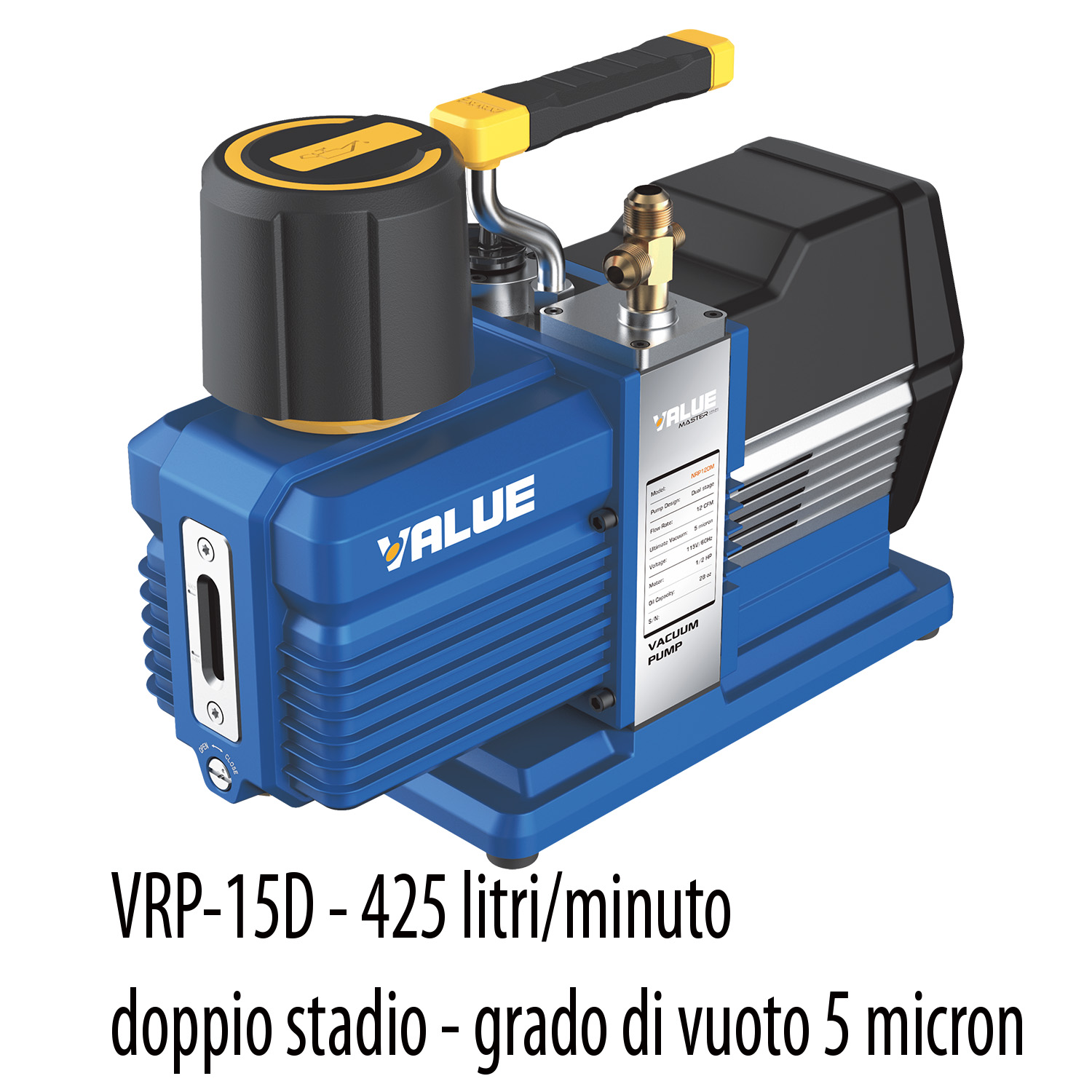 VALUE VRP-15D pompa vuoto portata 425 litri/minuto, vuoto 5 micron, elevate prestazioni, altissimo vuoto, doppio stadio, motore 3/4 HP - grado di vuoto 0,67 x10(-2) mbar - 0,0067 mbar/0,67 Pa/5 micron/0,005 Torr