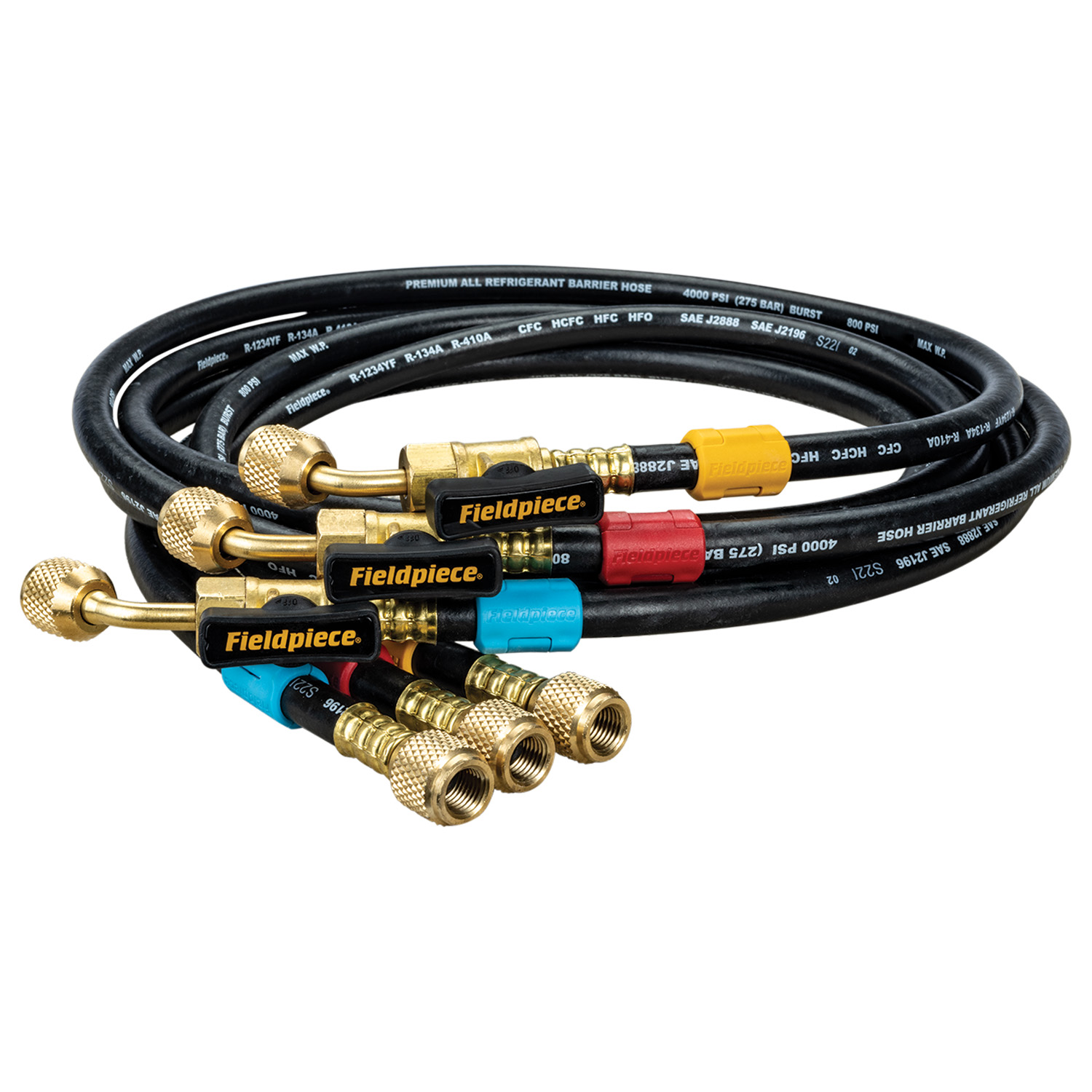 Kit n° 3 tubi originali di carica Fieldpiece a quadruplo strato, con valvola a 45° R/G/B - attacchi 1/4 SAE - J2196 L - 150 cm - codice Fieldpiece HR3B