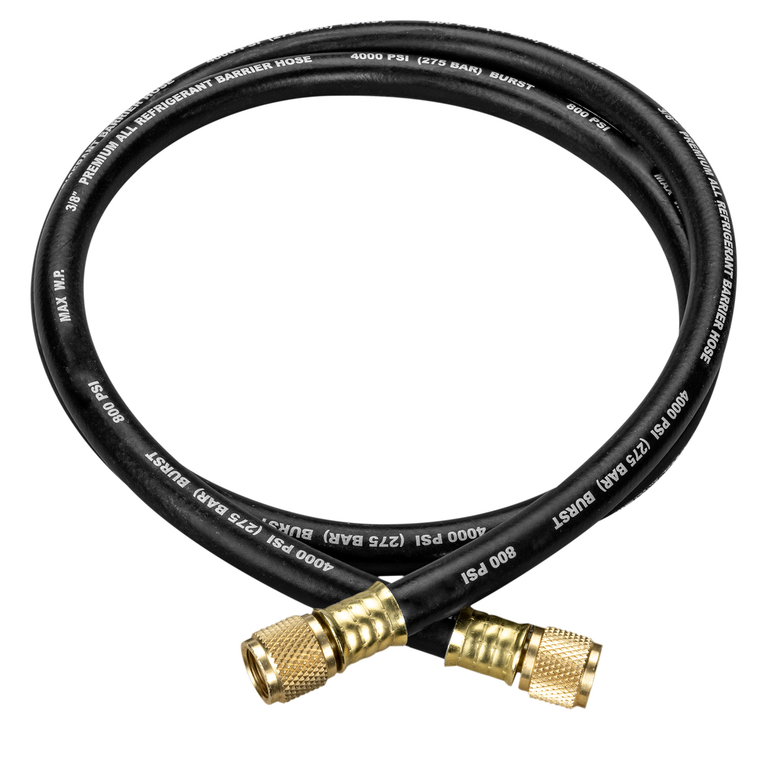Tubazione Fieldpiece costruita specificamente per alto vuoto, quadruplo strato, tripla crimpatura sulle connessioni, colore nero, attacchi 3/8 su entrambi i lati, lunghezza 150 cm. - codice Fieldpiece HV1