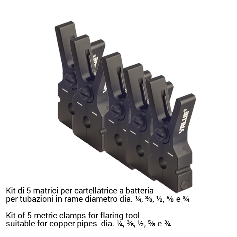 VALUE Kit di 5 matrici per cartellatrice a batteria VET-19LI - per tubazioni in pollici diametro ¼, ⅜, ½, ⅝ e ¾