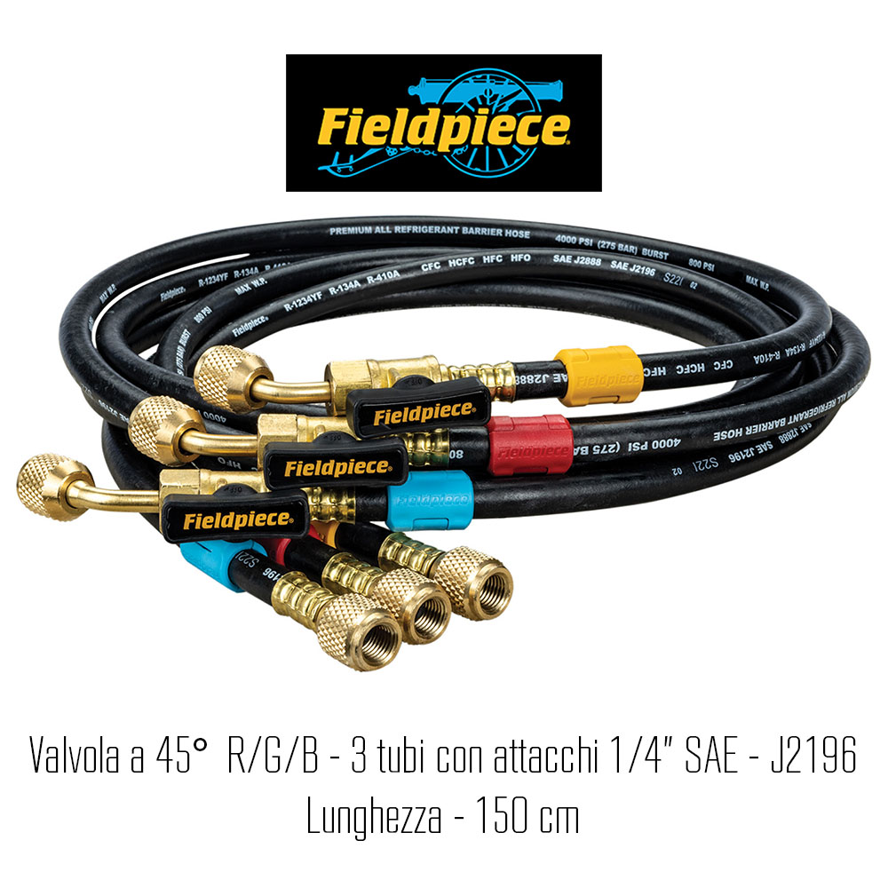 Kit n° 3 tubi originali di carica Fieldpiece a quadruplo strato, con valvola a 45° R/G/B - attacchi 1/4 SAE - J2196 L - 150 cm - codice Fieldpiece HR3B