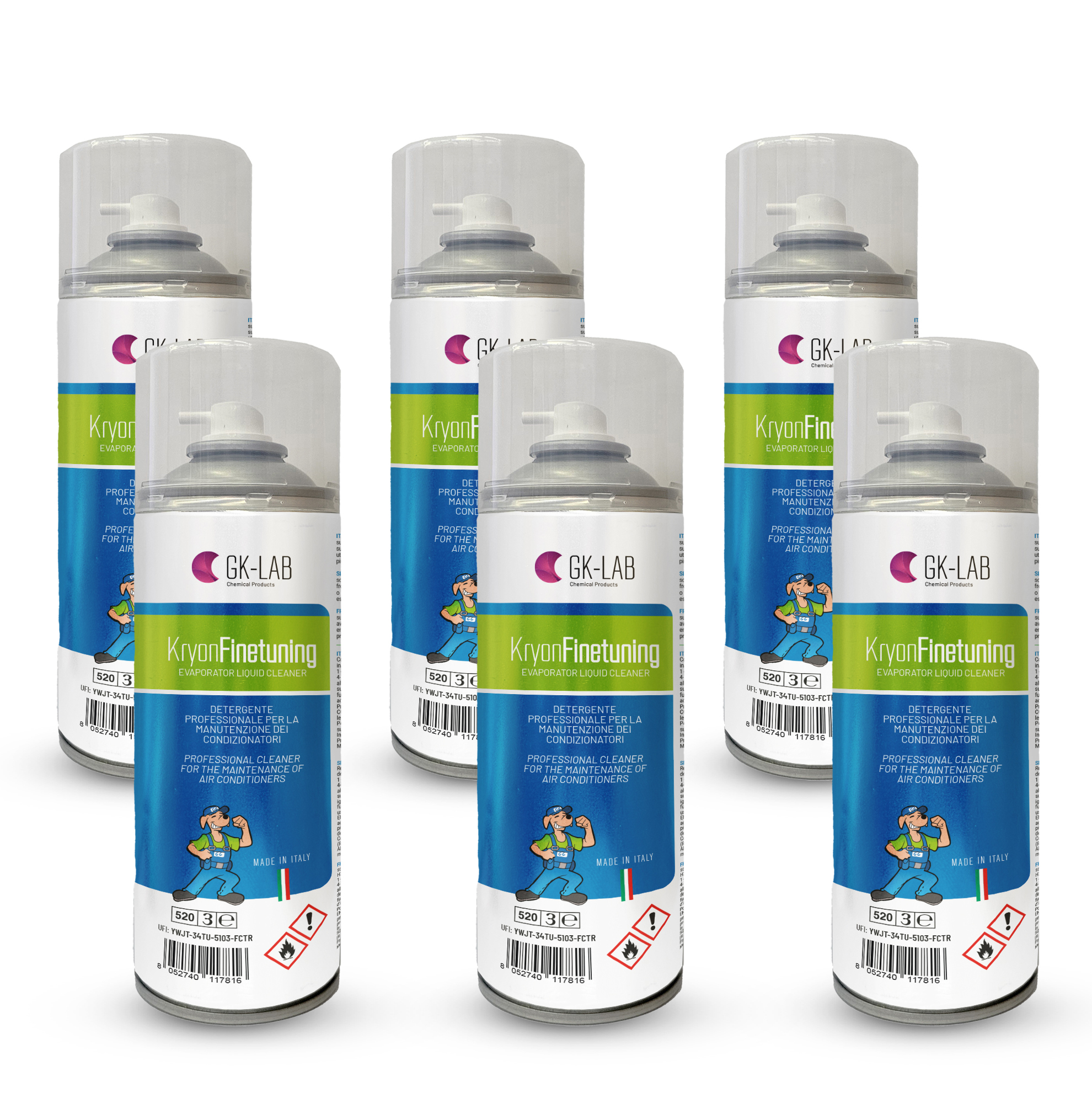 GK-Lab Kryon® FineTuning Pulitore Aerosol Igienizzante non schiumoso, (base alcool) per Evaporatori (unità interne) - 6 bombolette da 400ml