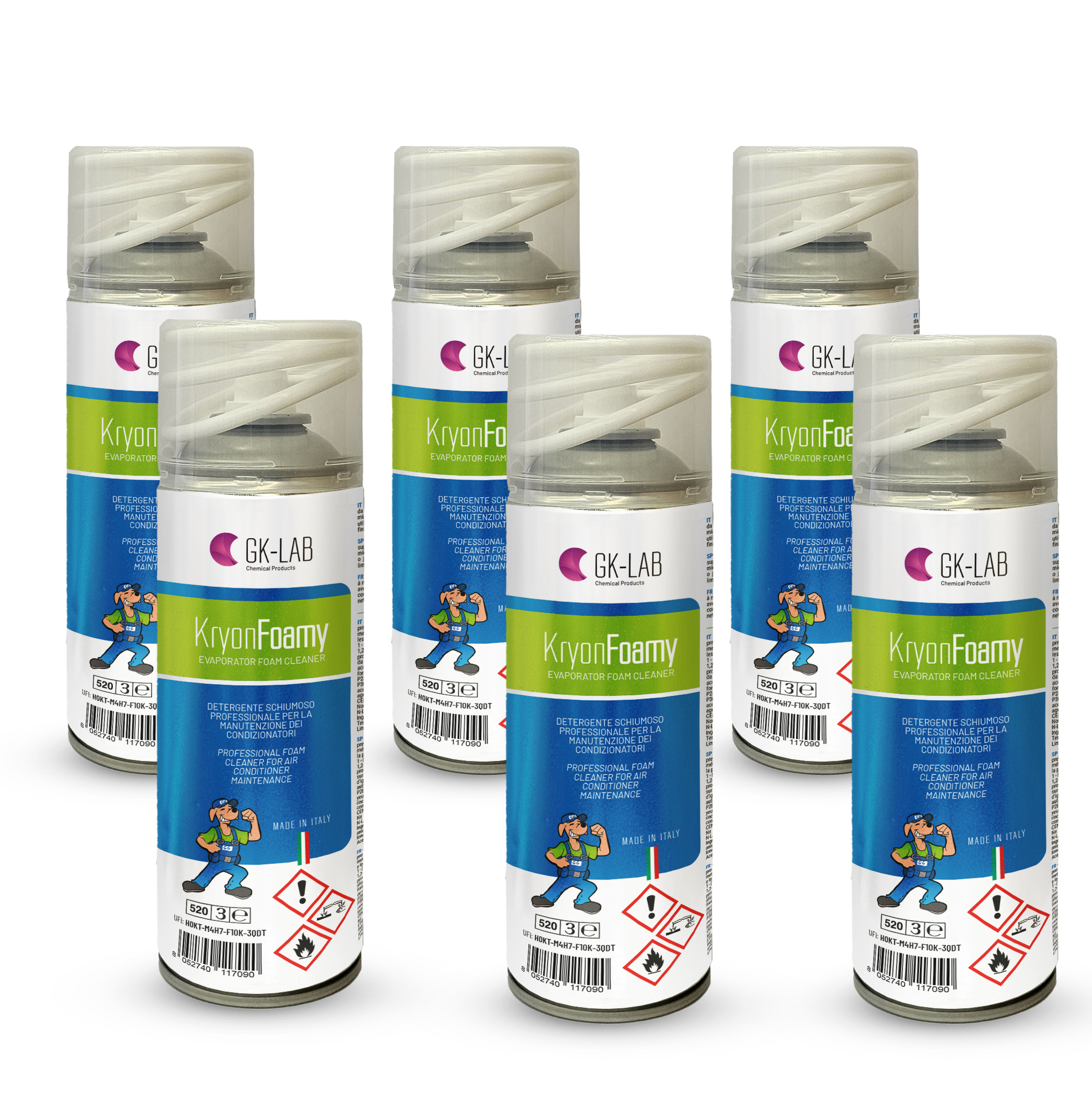 GK-Lab Kryon® Foamy - pulitore Aerosol Igienizzante Schiumoso per Evaporatori (unità interne) - 6 bombolette da 400ml
