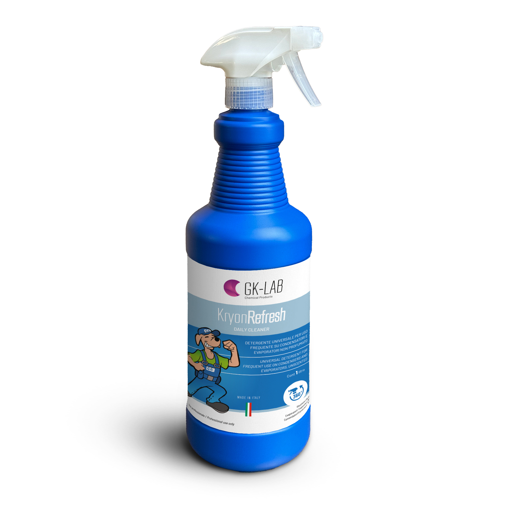 GK-Lab Pulitore Spray Periodico per Condensatori ed Evaporatori Kryon Refresh - flacone con erogatore 360° da 1 litro 
