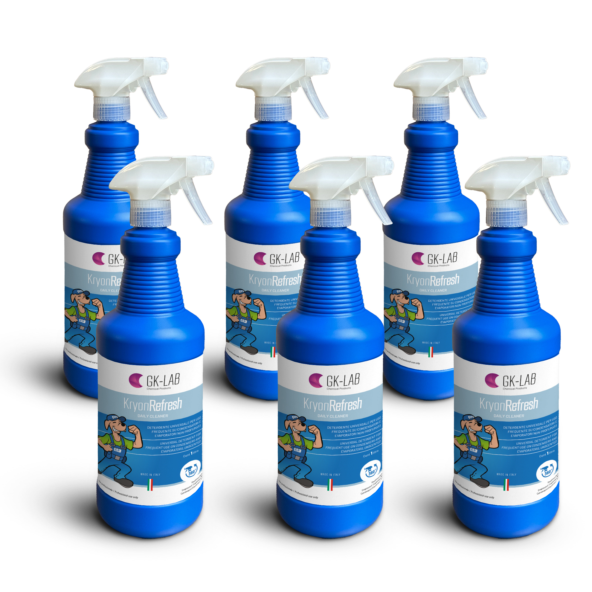 GK-Lab Pulitore Spray Periodico per Condensatori ed Evaporatori Kryon Refresh - 6 flaconi con erogatore 360° da 1 litro 