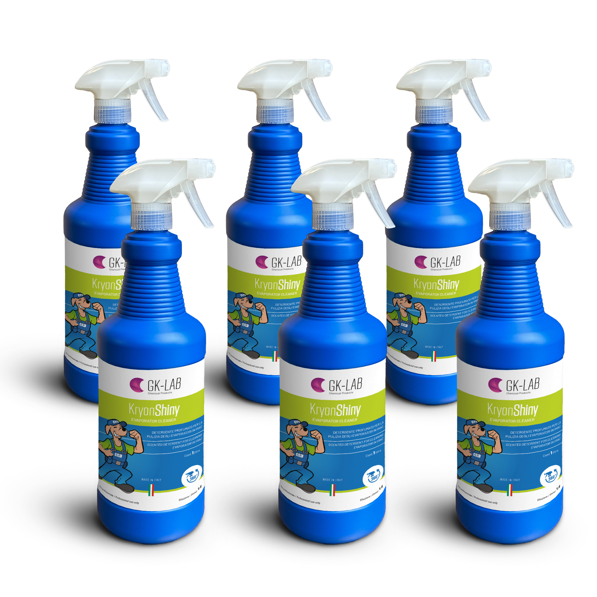 GK-Lab Pulitore Spray Liquido per Evaporatori e Plastiche Kryon Shiny - 6 flaconi con Erogatore 360° da 1 litro 