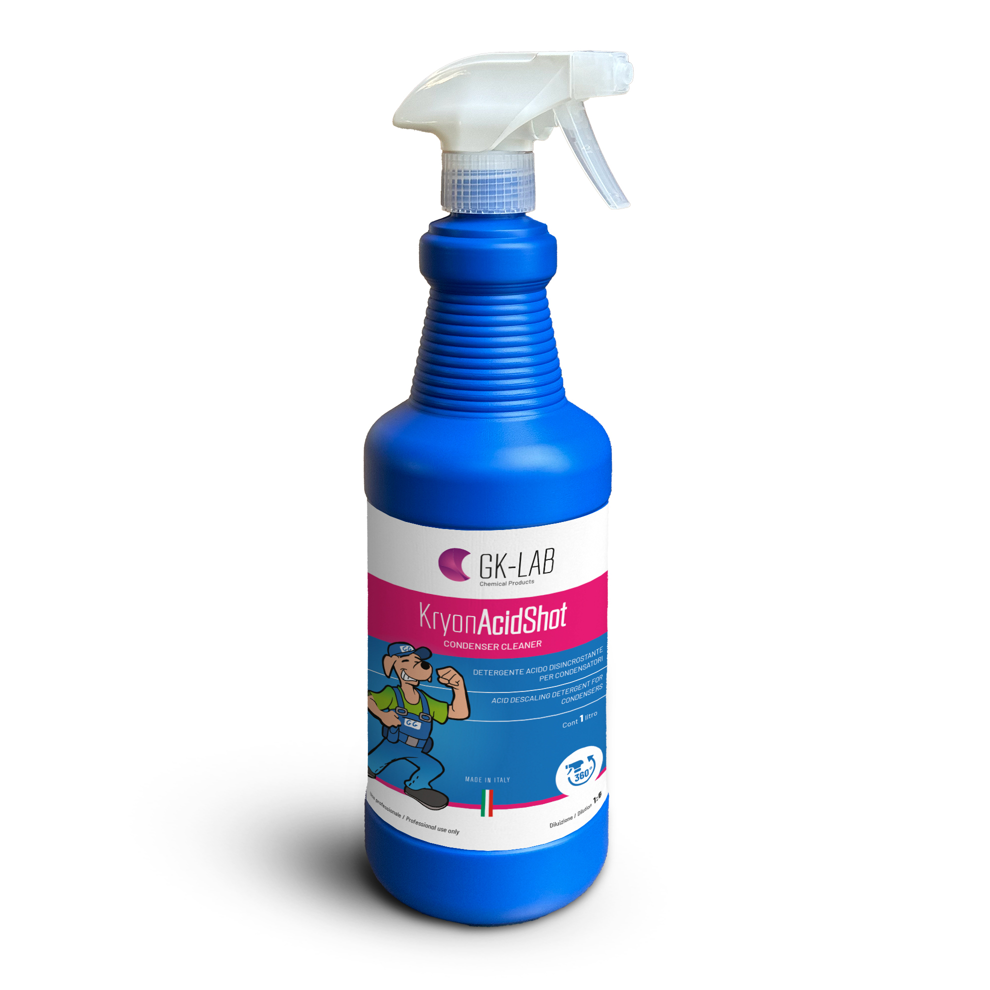 GK-Lab Pulitore e Disincrostante Acido Spray per Condensatori Kryon AcidShot - flacone con Erogatore 360° da 1 litro