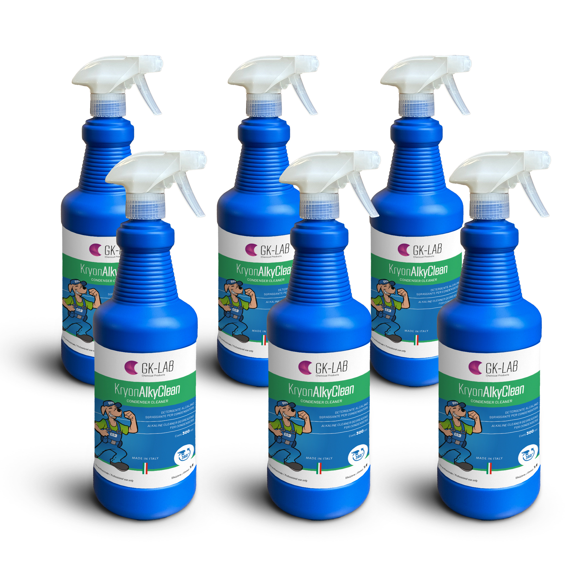 GK-Lab Pulitore Alcalino Spray per Condensatori Kryon AlkyClean - 6 Flaconi con erogatore 360° da 1 litro