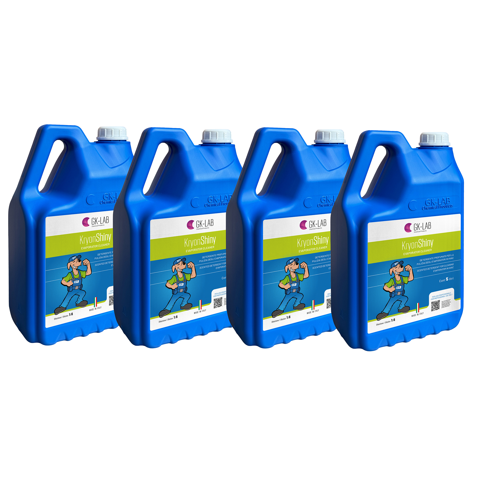 GK-Lab Pulitore Liquido per Evaporatori e Plastiche - Diluizione 1:5 Kryon Shiny - 4 Taniche da 5 litri