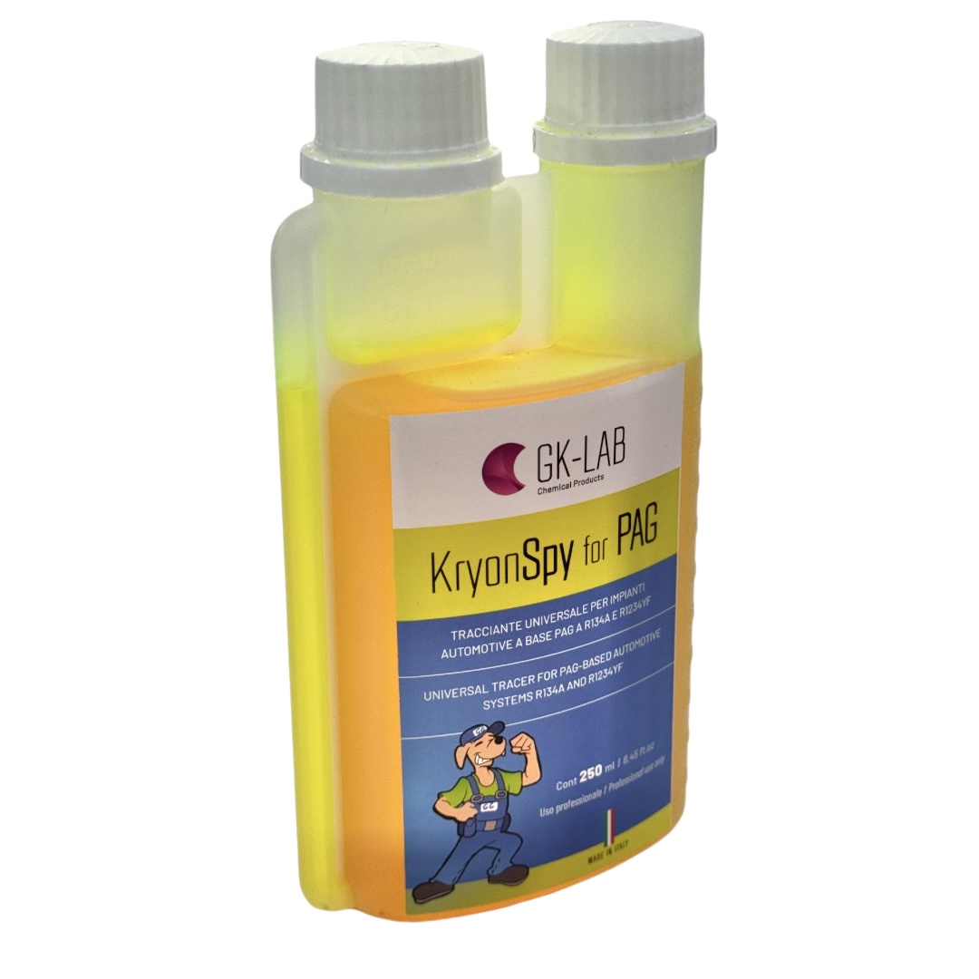 GK-Lab Tracciante Cercafughe Giallo Fluorescente UV KryonSpy YELLOW per Olio PAG AUTO-HVACR - Flacone da 250ml