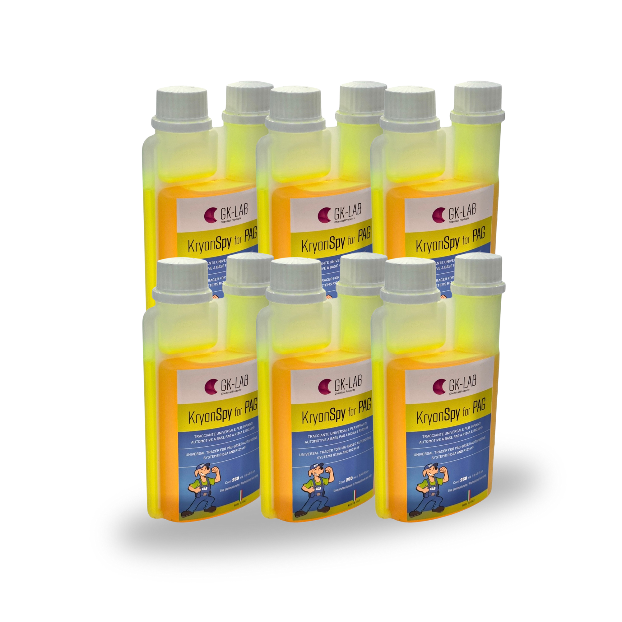 GK-Lab Tracciante Cercafughe Giallo Fluorescente UV KryonSpy YELLOW per Olio PAG AUTO-HVACR - 6 Flaconi da 250ml