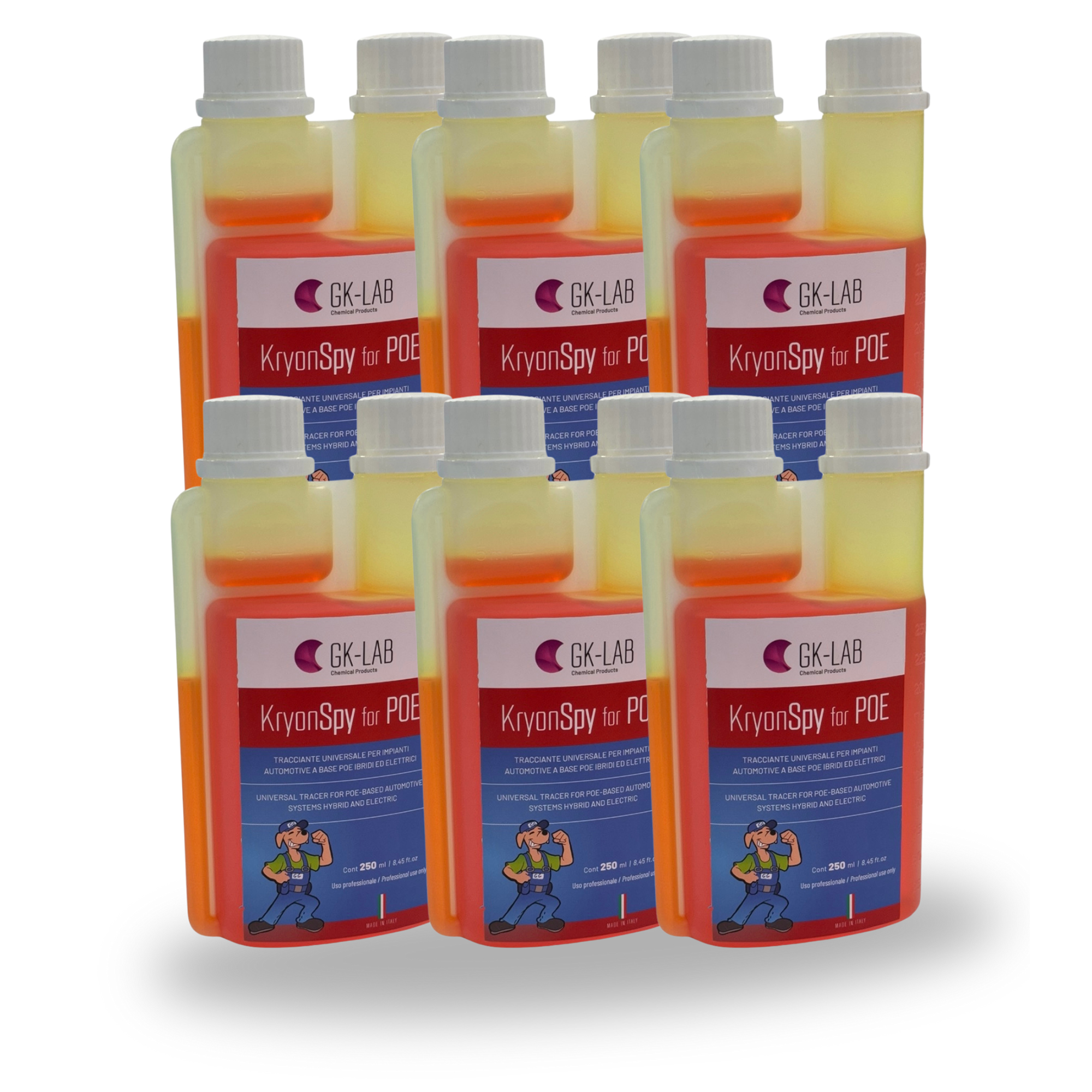 GK-Lab Tracciante Cercafughe Rosso Fluorescente UV KryonSpy RED per Olio POE AUTO - 6 Flaconi da 250ml