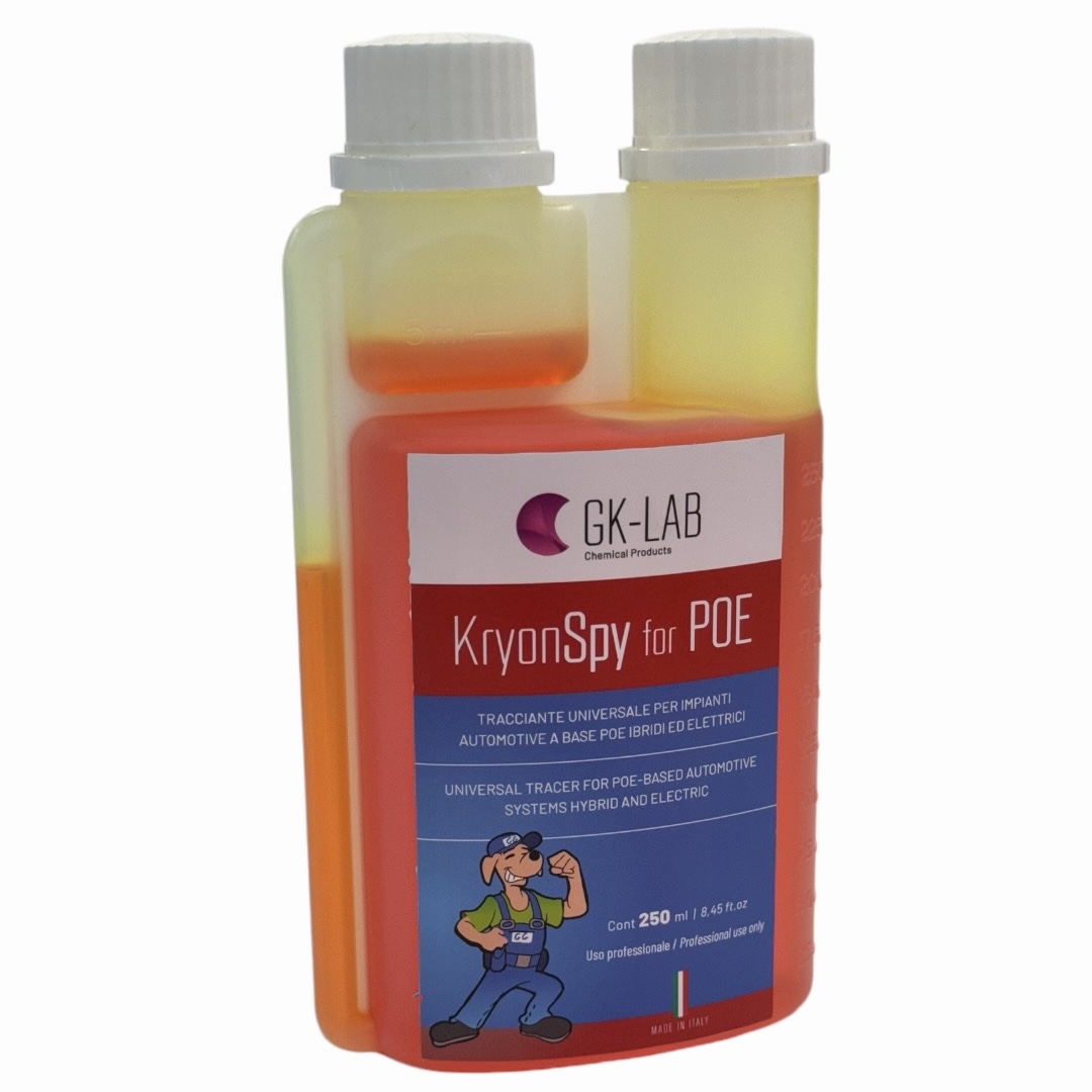 GK-Lab Tracciante Cercafughe Rosso Fluorescente UV KryonSpy RED per Olio POE AUTO - Flacone da 250ml