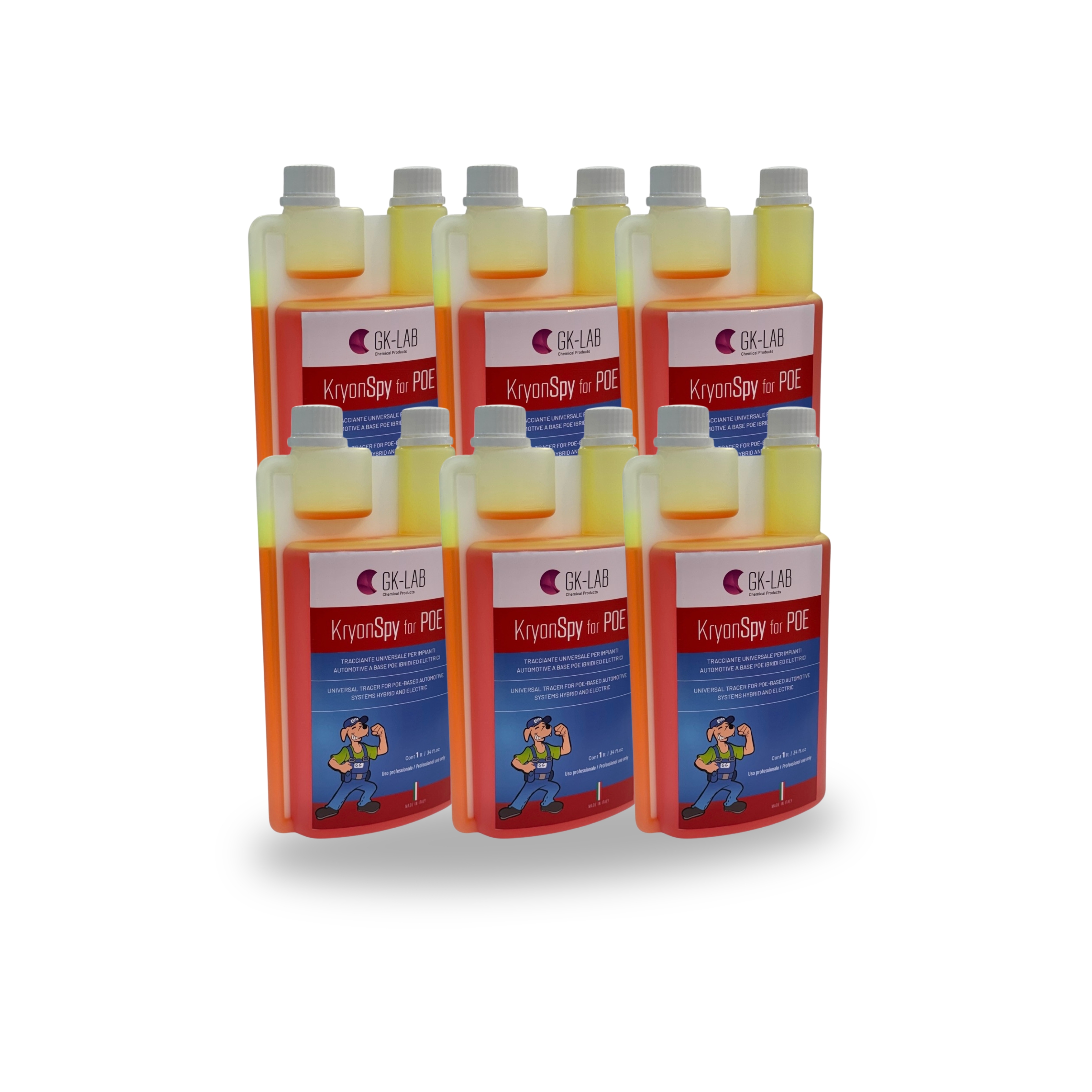 GK-Lab Tracciante Cercafughe Rosso Fluorescente UV KryonSpy RED per Olio POE AUTO - 6 Flaconi da 1 litro