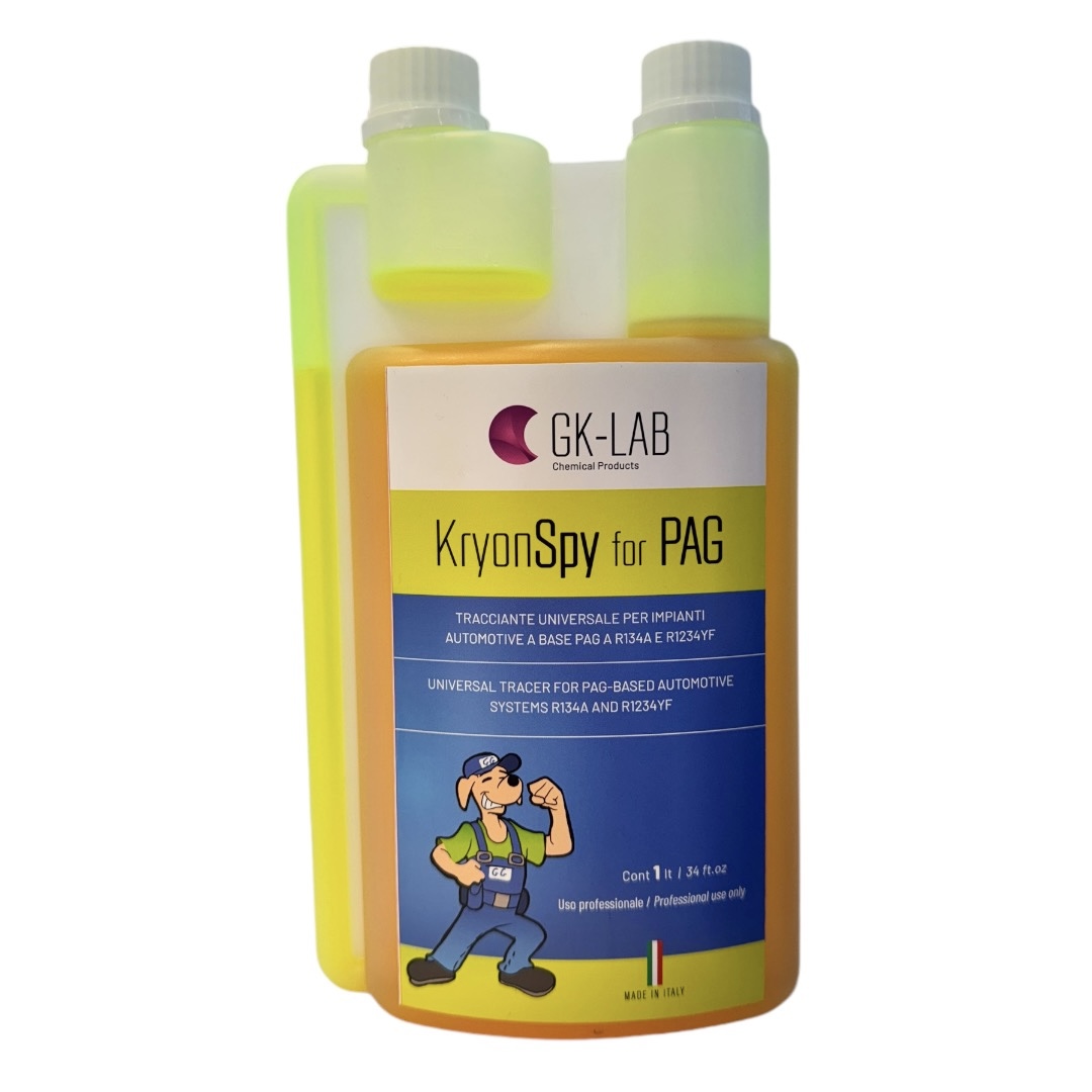 GK-Lab Tracciante Cercafughe Giallo Fluorescente UV KryonSpy YELLOW per Olio PAG AUTO-HVACR - Flacone da 1 litro