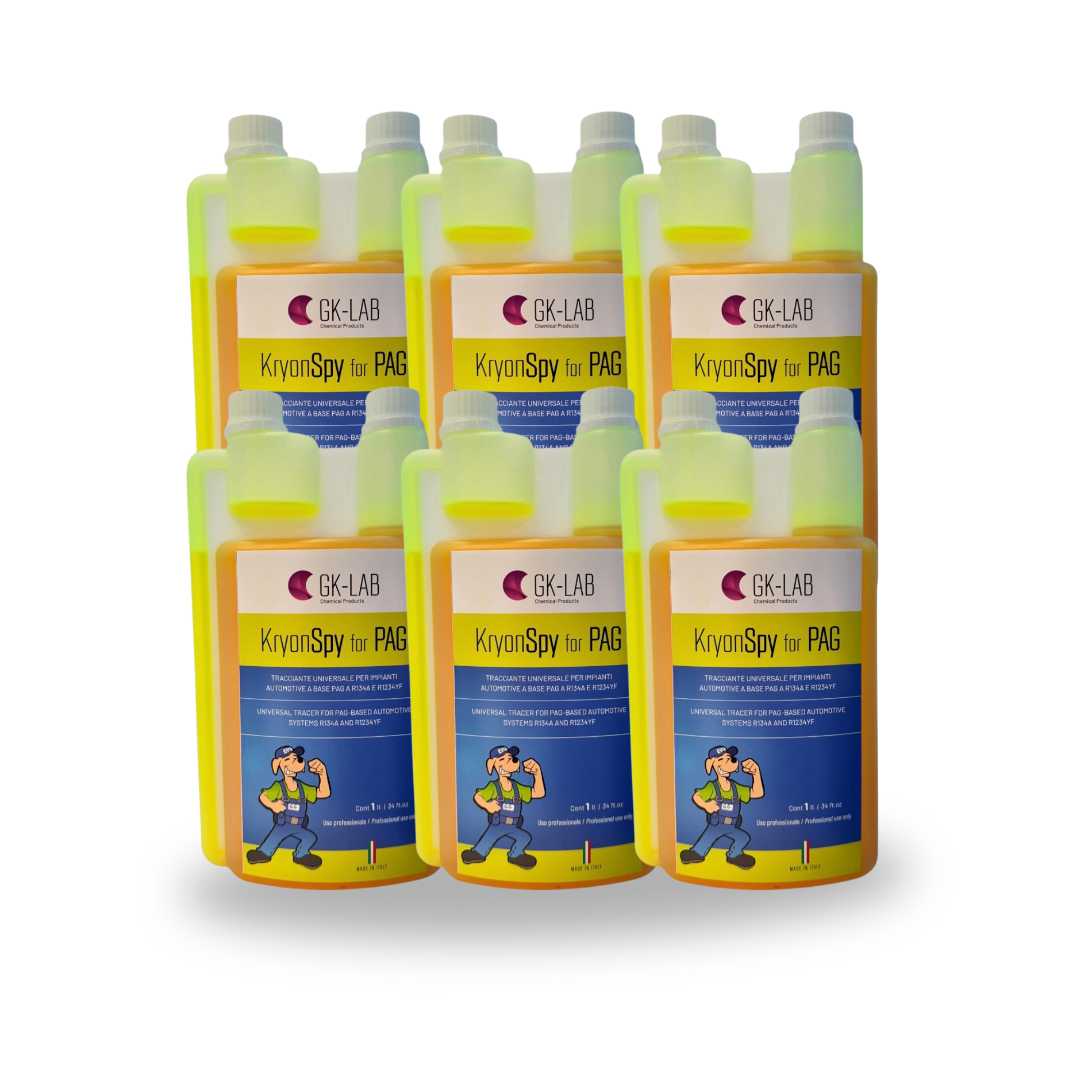GK-Lab Tracciante Cercafughe Giallo Fluorescente UV KryonSpy YELLOW per Olio PAG AUTO-HVACR - 6 Flaconi da 1 litro