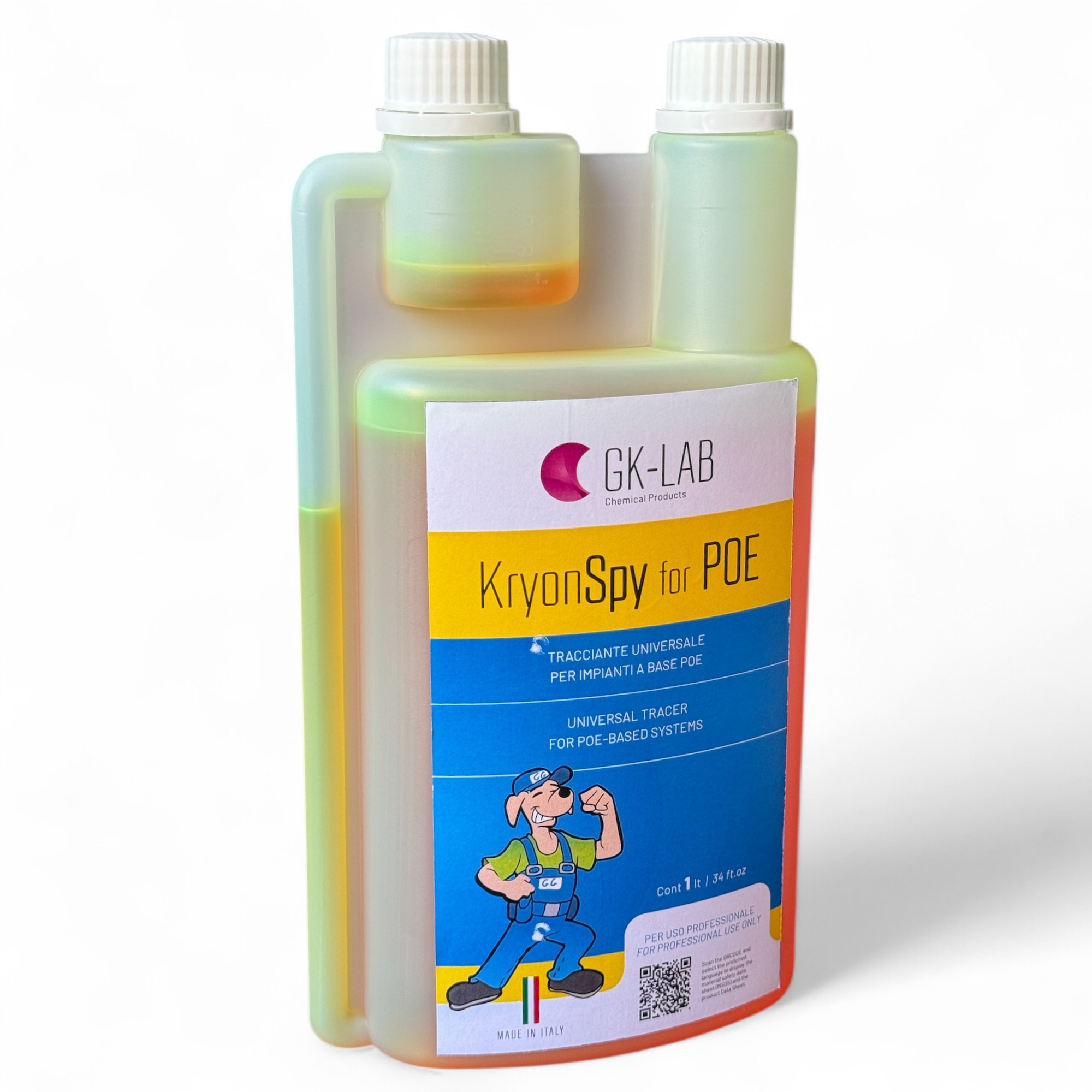 GK-Lab Tracciante Cercafughe Giallo Fluorescente UV KryonSpy YELLOW per olio POE HVACR - Flacone da 1 litro