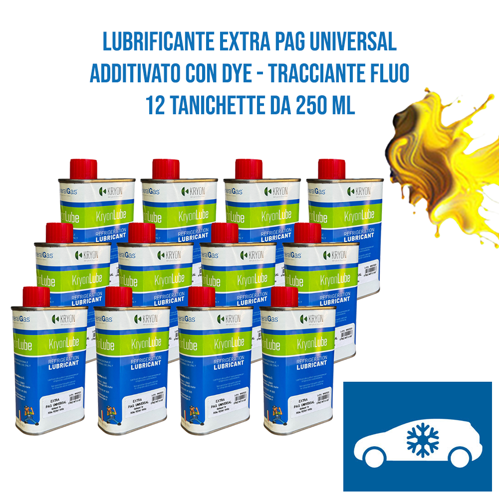 Olio Lubrificante AUTO KryonLube EXTRA Universal PAG per R134a e R12434yf - additivato con tracciante fluorescente (dye) -12 taniche in metallo da 250ml