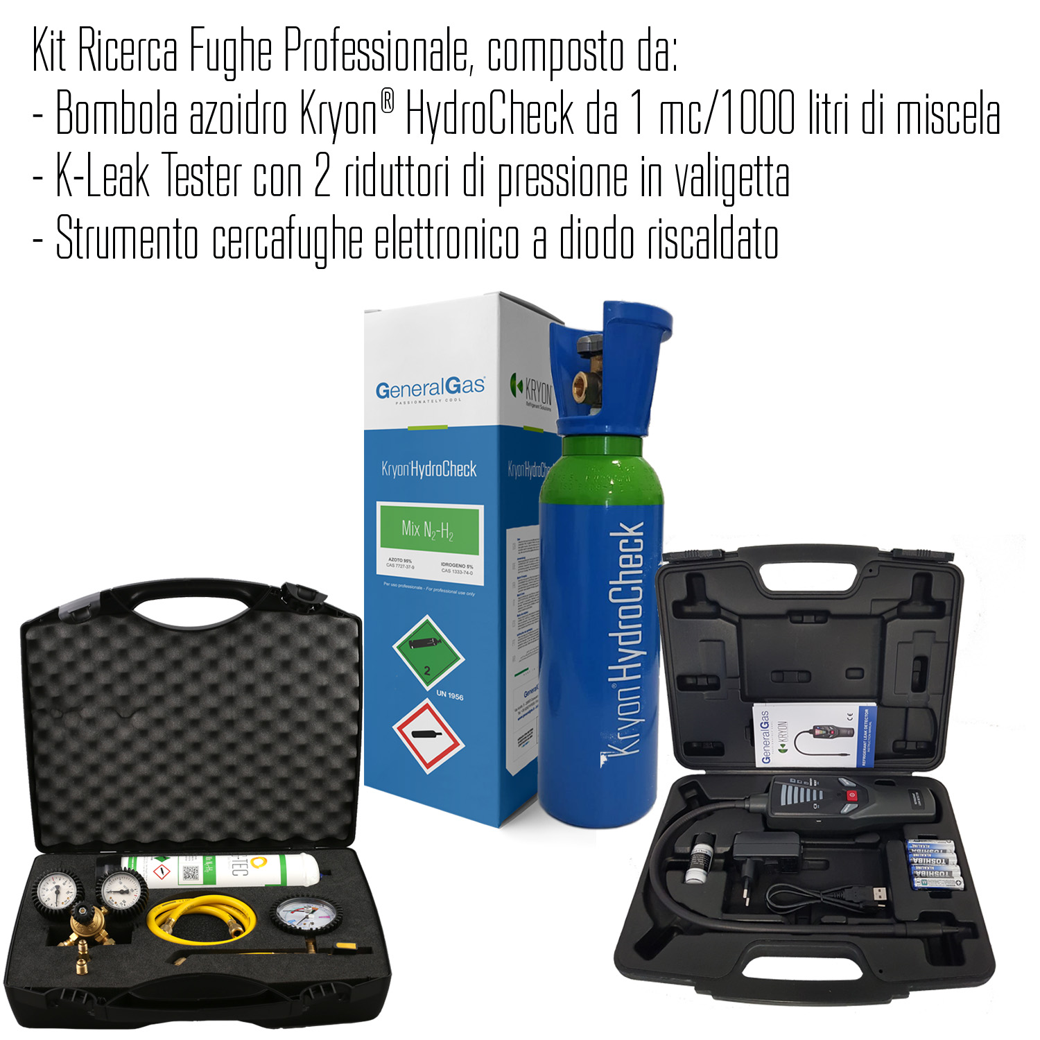 Kit Ricerca Fughe Professionale (Refrigerazione e Condizionamento) composto da bombola azoidro Kryon® HydroCheck da 1 mc/1000 litri di miscela, K-Leak Tester e strumento cercafughe elettronico