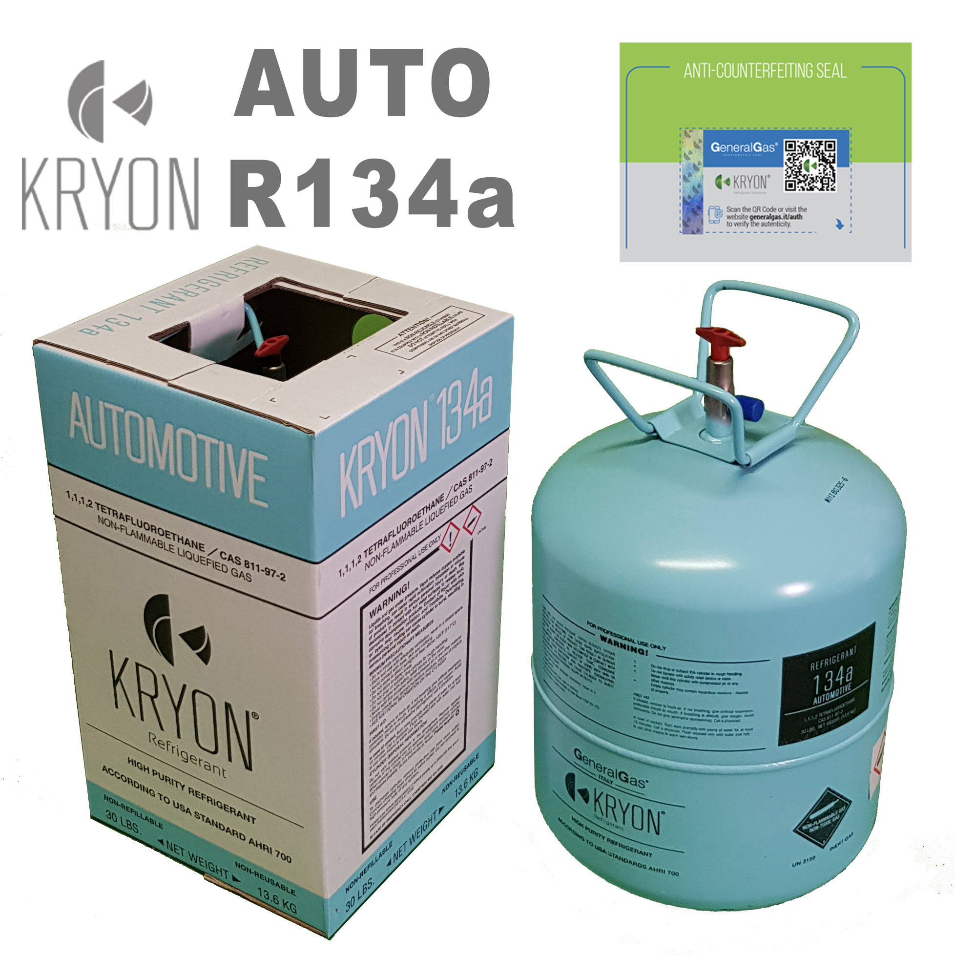 R134a AUTOMOTIVE (solo mercato USA - con valvola ½ ACME destra) Kryon® 134A in Bombola DOT39 non ricaricabile - 13,77 Lt/22 Bar - 13,6 Kg