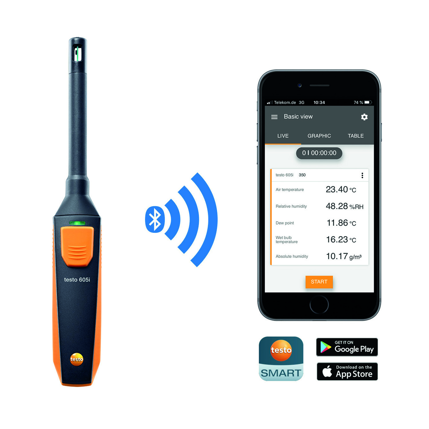 Testo 605i Termoigrometro azionato tramite smartphone compatibile con app Testo Smart Probes