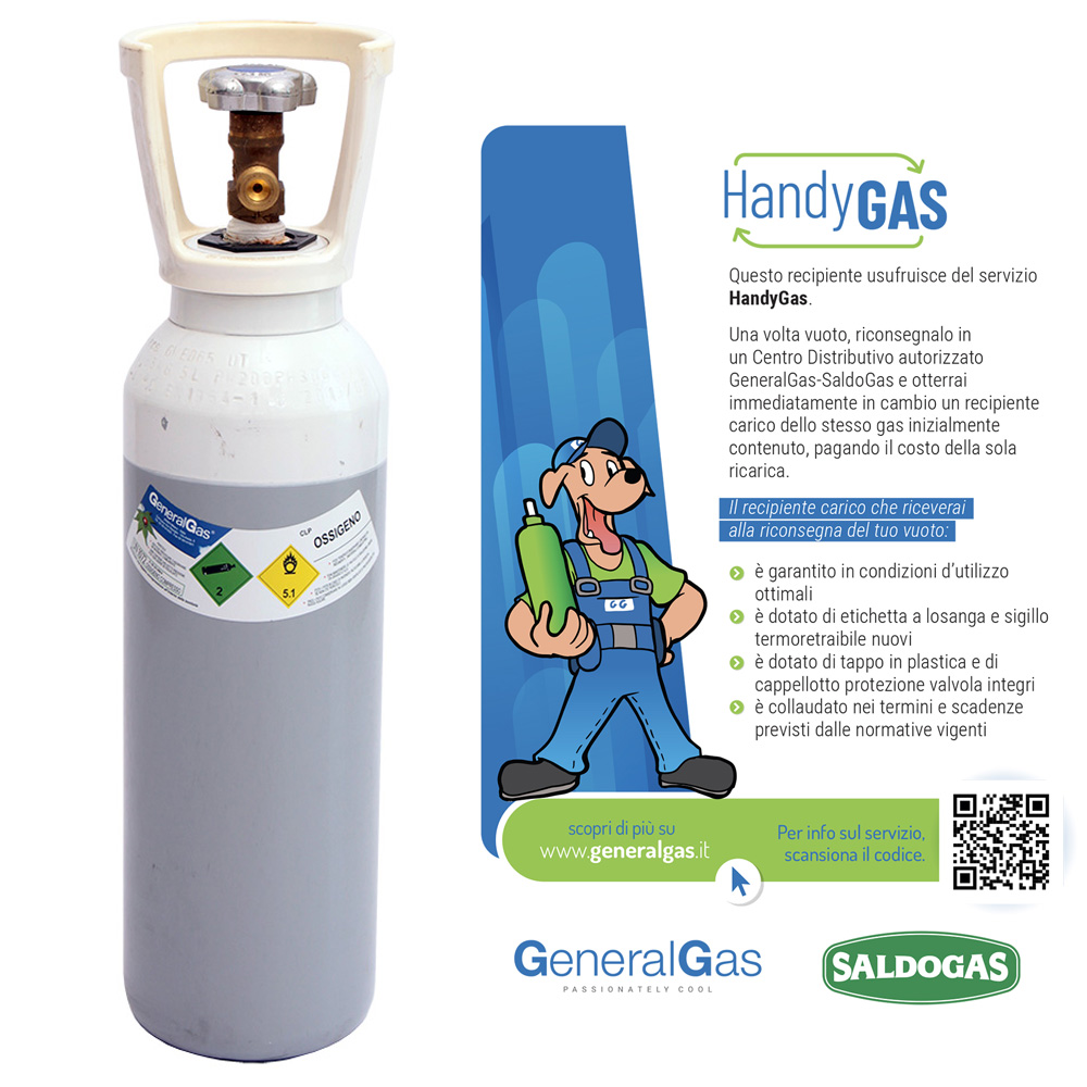 Bombola HandyGas OSSIGENO alta Pressione 5 lt - 200 bar completa di valvola e cappellotto - caricata con 1 mc di ossigeno tecnico (usufruisce servizio HandyGas cambio immediato vuoto contro pieno)