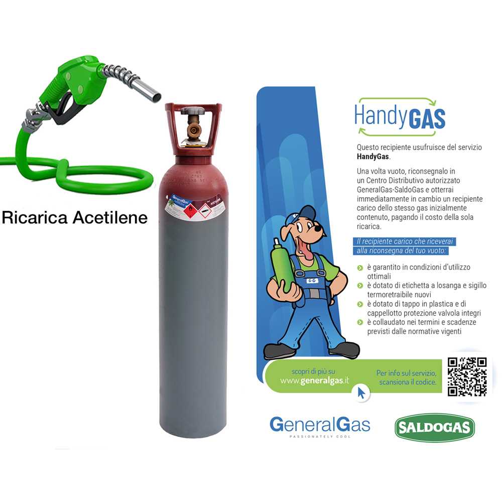 Ricarica HandyGas (cambio immediato vuoto contro pieno) bombola ACETILENE 14 lt - 2 kg di acetilene